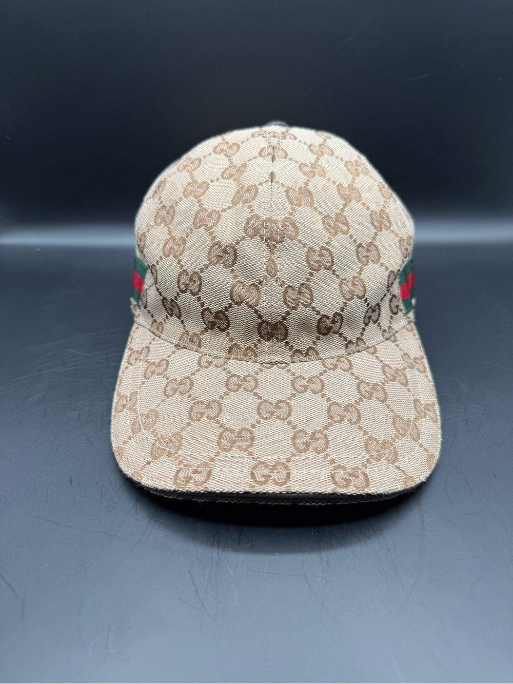 Gucci Beige GG Supreme Canvas Cap with Green-Red Web